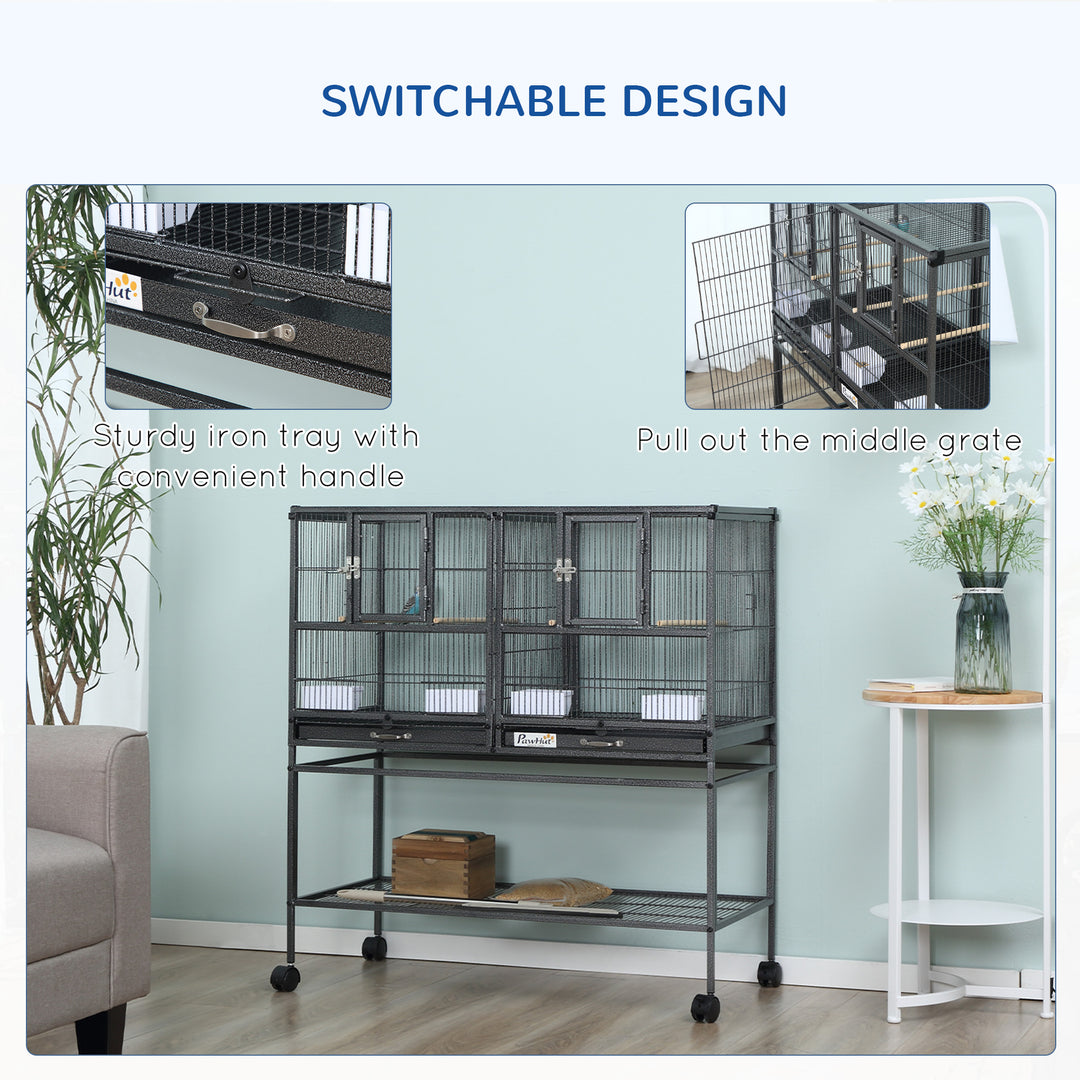 PawHut Large Double Rolling Metal Bird Cage Bird House w/ Removable Tray Storage Shelf