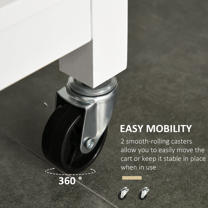 HOMCOM Kitchen Cart on Wheels, Utility Storage Island with Rubber Wood Top, Towel Rack, Cabinets, Drawers, White