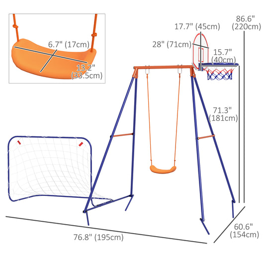Outsunny Kids Swing Outdoor with Swing Seat, Basketball Hoop and Football Goal, Ground Stakes for 3-8 Years Old