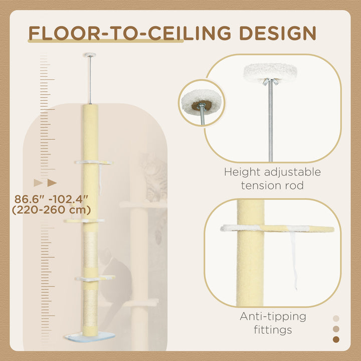PawHut 87"-102" Floor to Ceiling Cat Tree w/ Sisal Scratching Posts, Anti-tip Kit, Perches, Toy Ball, Yellow