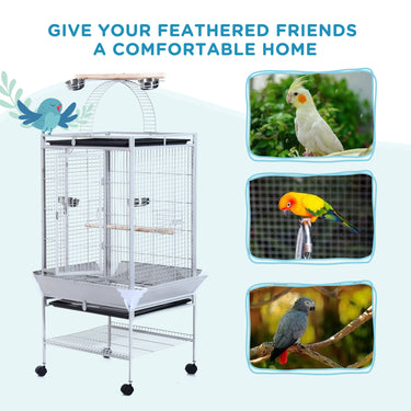 PawHut 63" Large Bird Parrot Cage Stand Finch Feeder Play Top House Perch Bowl Wheels, Silver