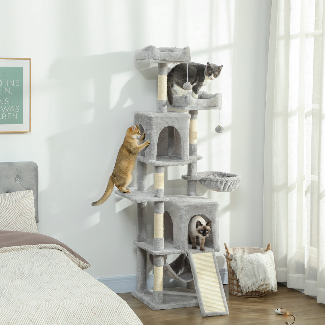 PawHut Cat Tree, 70" Multi-Level Cat Tower with 2 Condos, 2 Perches, Hammock, Toy Balls, Scratching Posts and Board, Green