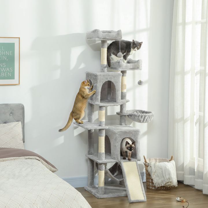 PawHut Cat Tree, 70" Multi-Level Cat Tower with 2 Condos, 2 Perches, Hammock, Toy Balls, Scratching Posts and Board, Green