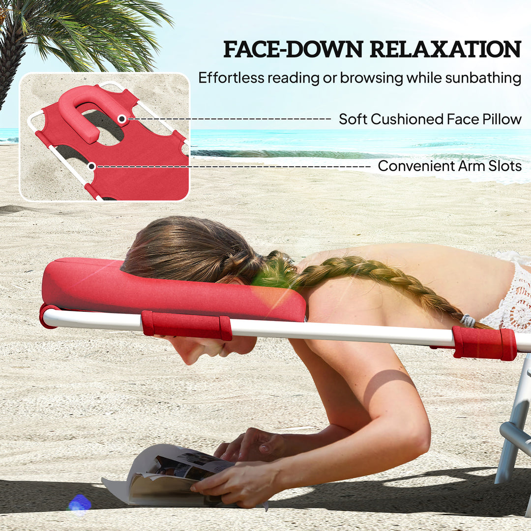 Outsunny Outdoor Lounge Chair, Adjustable Folding Chaise Lounge with Face Cavity, Tanning Chair Sun Lounger Bed Recliner, Red
