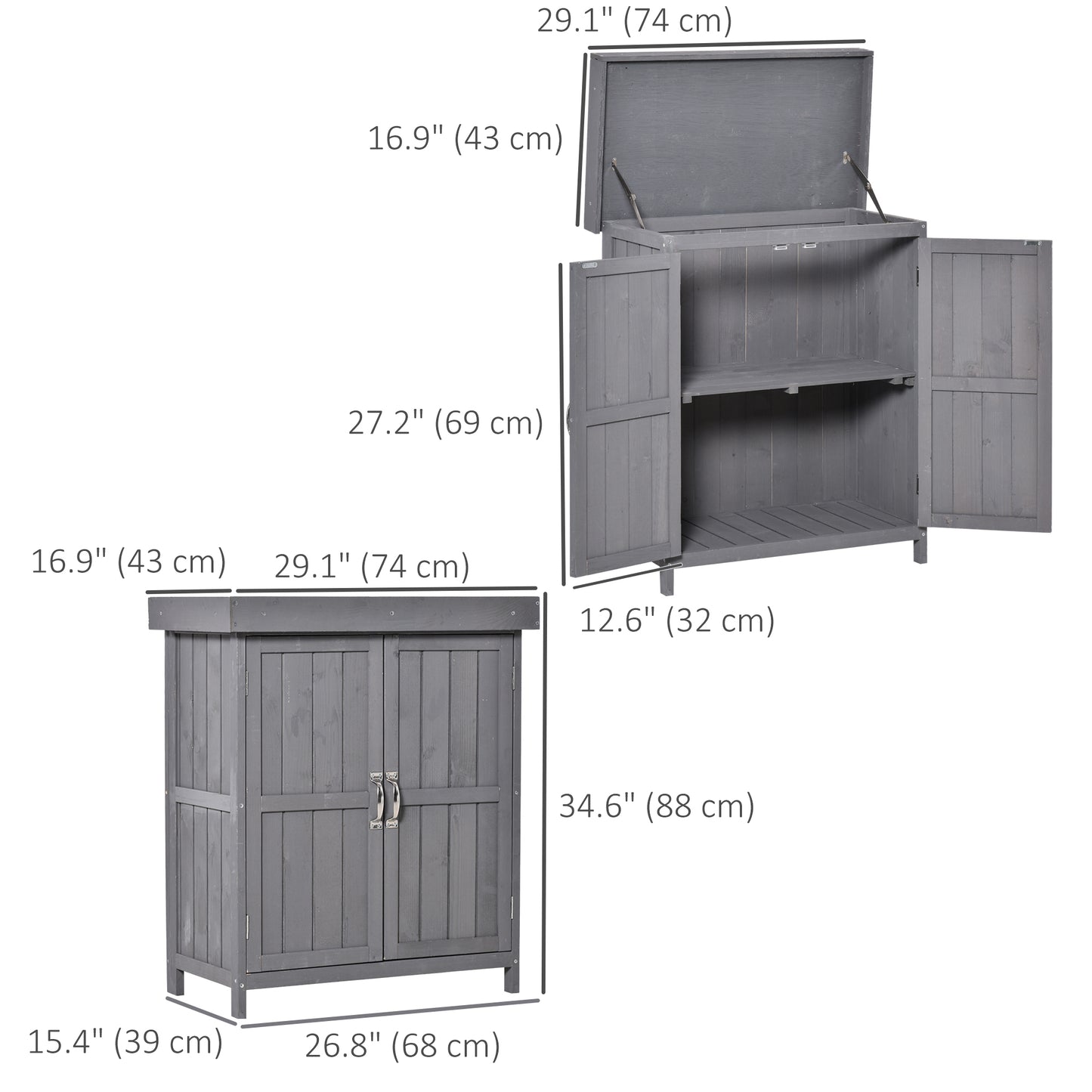 Outsunny Wooden Garden Tool Storage Shed Kit with Hinged Roof, 2-Tier Shelves and Double Doors, 74x43x88cm, Dark Grey