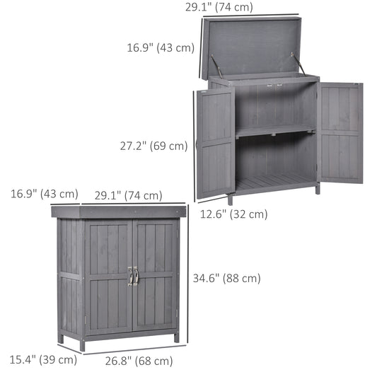Outsunny Wooden Garden Tool Storage Shed Kit with Hinged Roof, 2-Tier Shelves and Double Doors, 74x43x88cm, Dark Grey