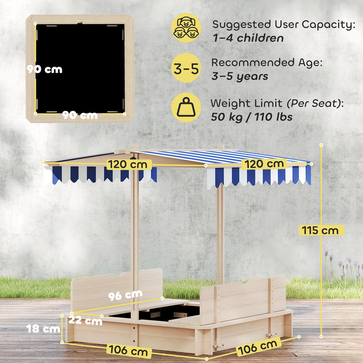 Outsunny Kids Wooden Sandbox Outdoor Backyard Playset Children Play Station w/ Adjustable Canopy & Convertible Bench Sand for 3-7 Years Old