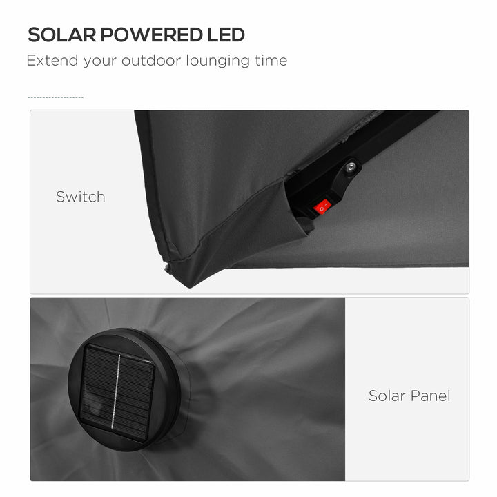 Outsunny 6' x 10' Patio Umbrella with 22 LED Solar Lights and Tilt, Rectangular Outdoor Table Umbrella with Crank, Dark Grey