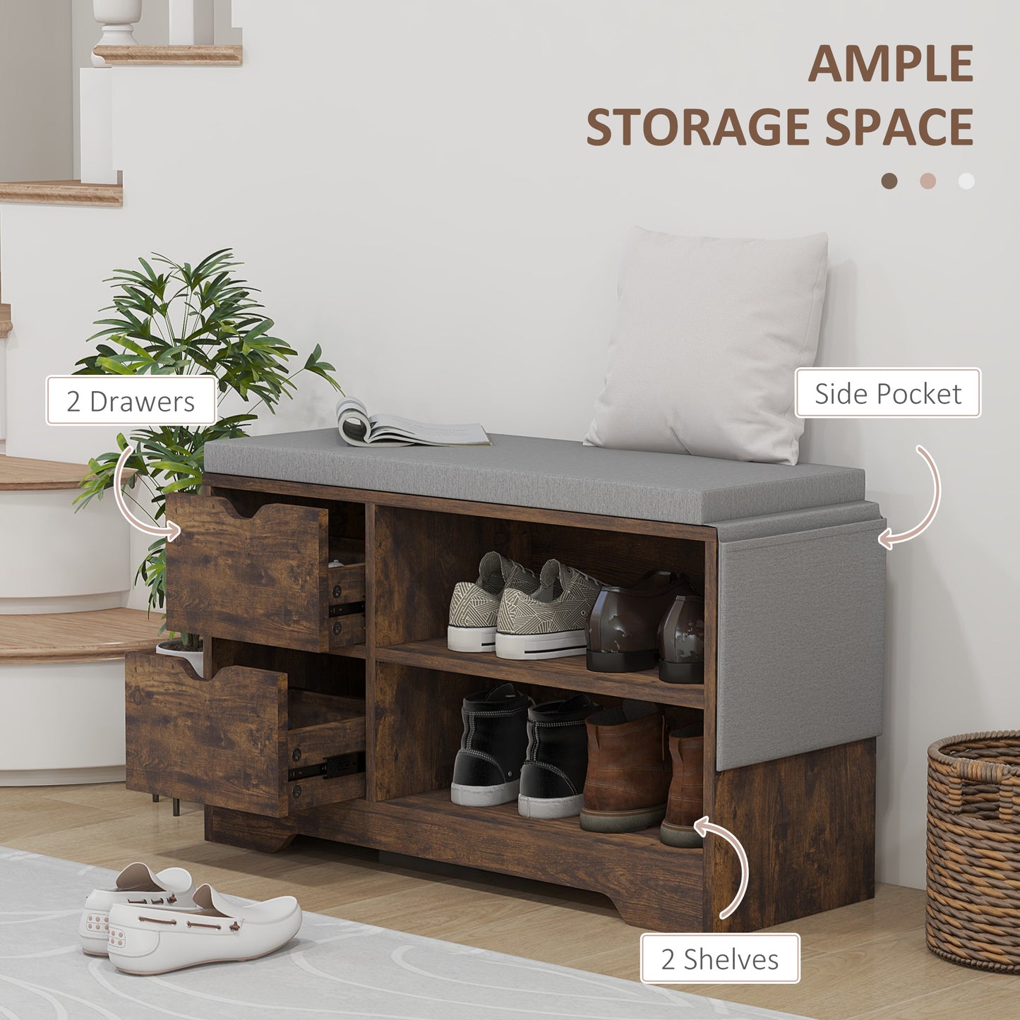 HOMCOM Upholstered Shoe Storage Bench w/ Seat, Entrance Bench w/ Drawer Open Shelves and Pocket for Hallway, White