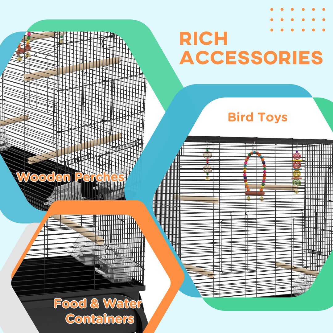 PawHut 51" Bird Cage for Budgies Canaries Finches Lovebirds Parakeets with Rolling Stand, Toys, Black