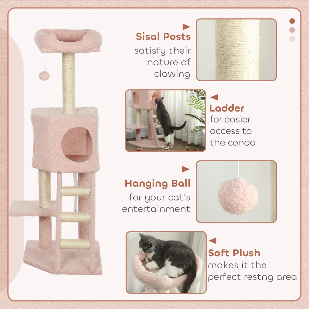 PawHut 47" Tall Cat Tree Tower with Condo, Ladder, Scratching Posts and Hanging Ball, Light Grey