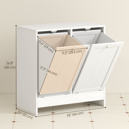 kleankin Tilt-Out Laundry Storage Cabinet, Modern Laundry Hamper with 2 Compartments for Bathroom Washroom, White