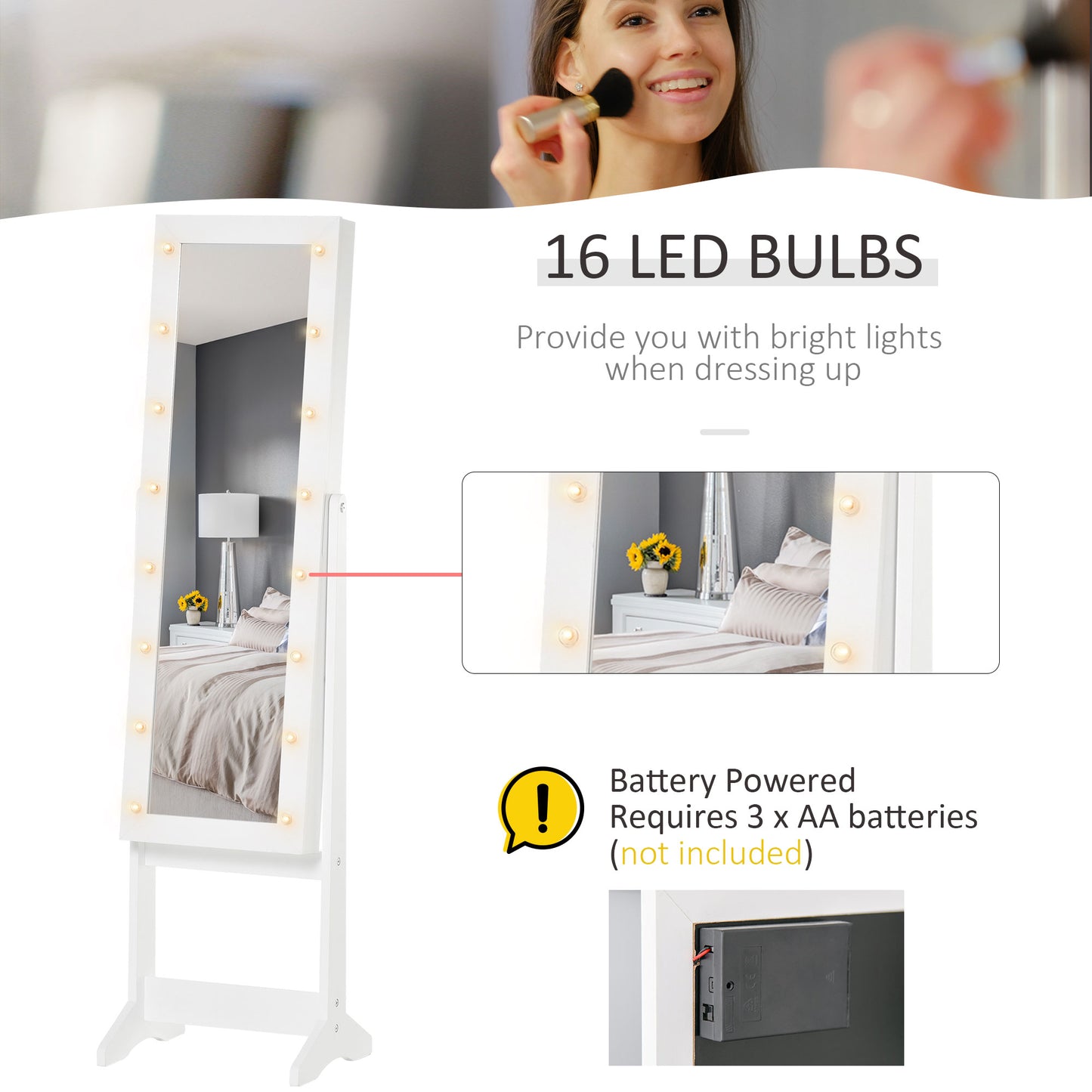HOMCOM Free Standing Armoire Organizer, Lighted Mirrored Jewelry Cabinet w/ Angle Adjustable & 16 LED Lights Warm White