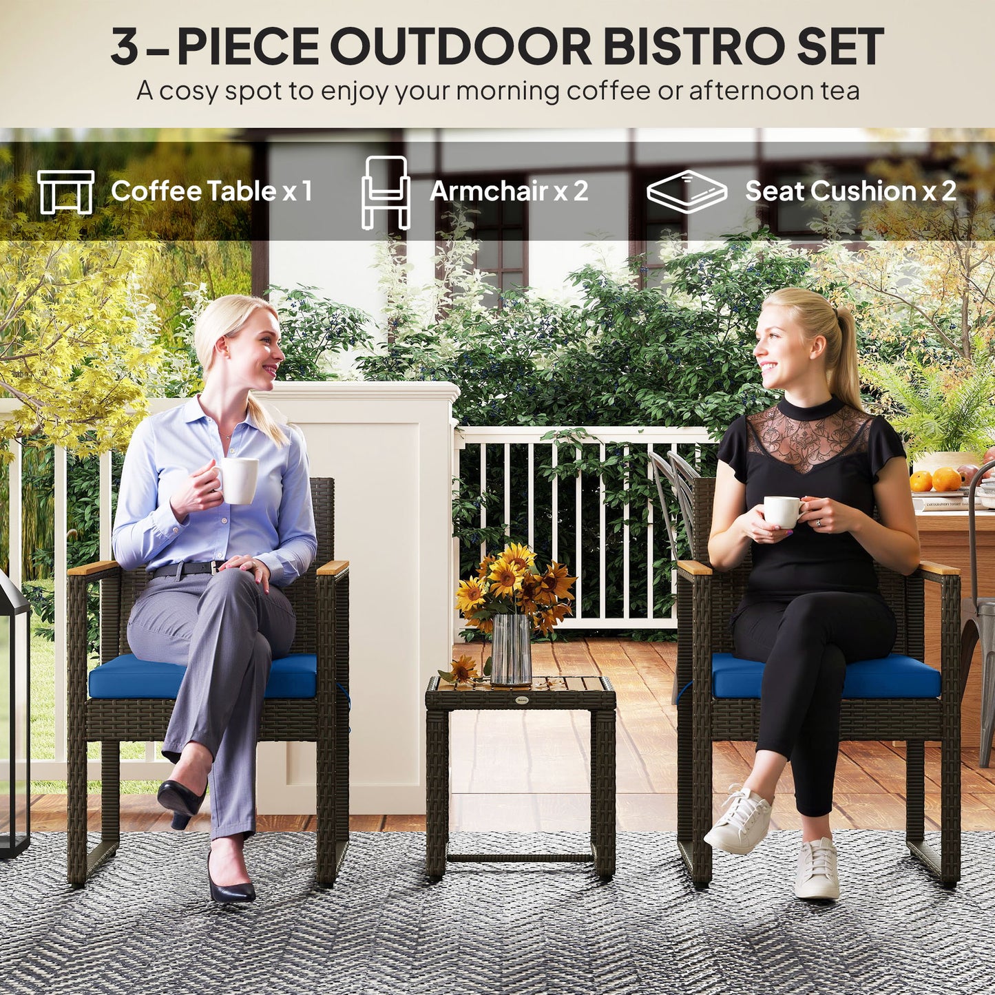Outsunny 3 Pieces Wicker Patio Furniture Set, Rattan Bistro Set w/ Acacia Wood Table & Removable Cushions, Dark Blue