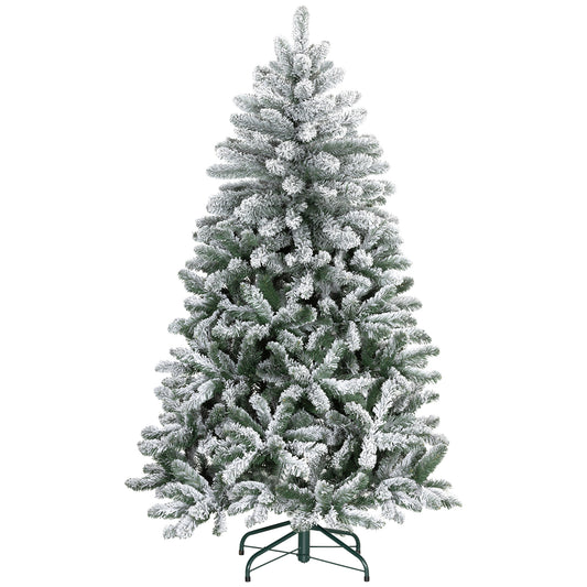 HOMCOM 5 Foot Artificial Flocked Christmas Tree with Snow, Metal Stand, Hinged Xmas Tree for Home Office Holiday