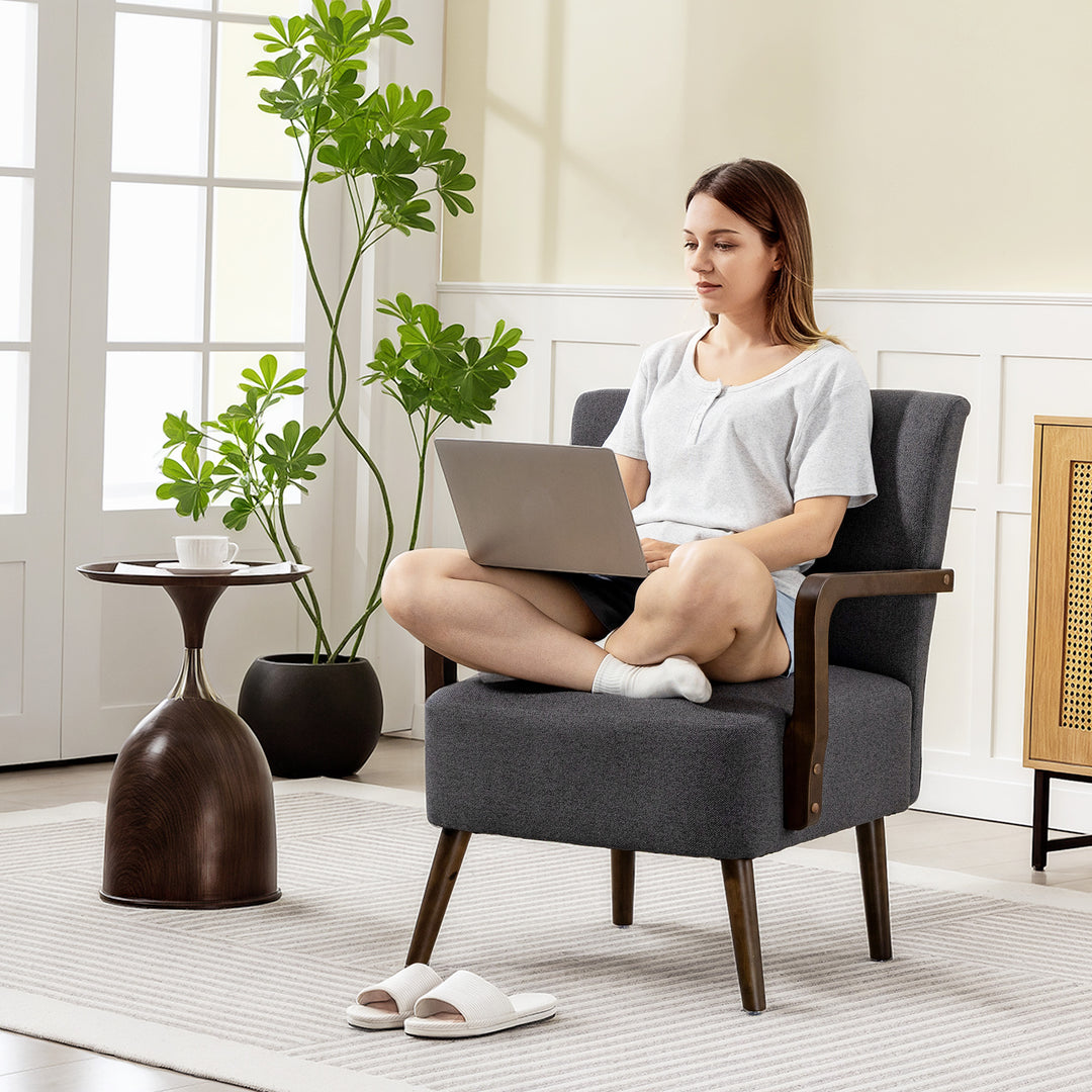 HOMCOM Accent Chair with Wooden Legs, Linen Fabric Armchair with Thick Padding, Comfy Chair for Living Room, Dark Grey