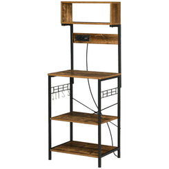 HOMCOM Baker's Rack with Charing Station, Microwave Shelf with Power Outlet, USB Charger and 5 Hooks, Rustic Brown