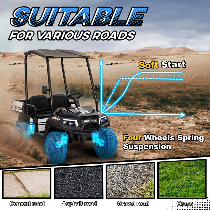 Qaba 24V 2 Seater Electric Car for Kids w/ Remote Control, 4 Wheels Spring Suspension, Soft Start, Storage, Sunshade, White