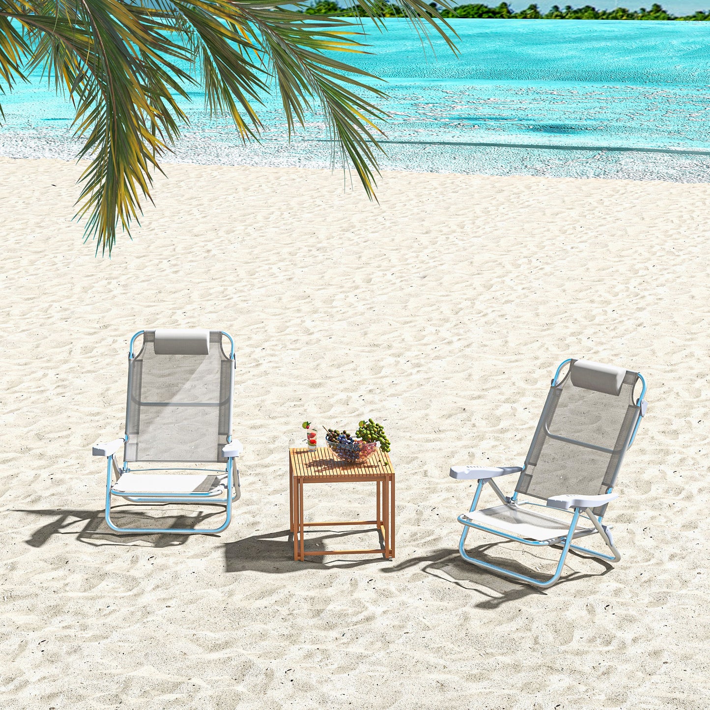 Outsunny Set of 2 Fishing Chairs, Camping Chairs with Adjustable Backrest and Headrest, Folding Chair for Outdoor, Light Grey