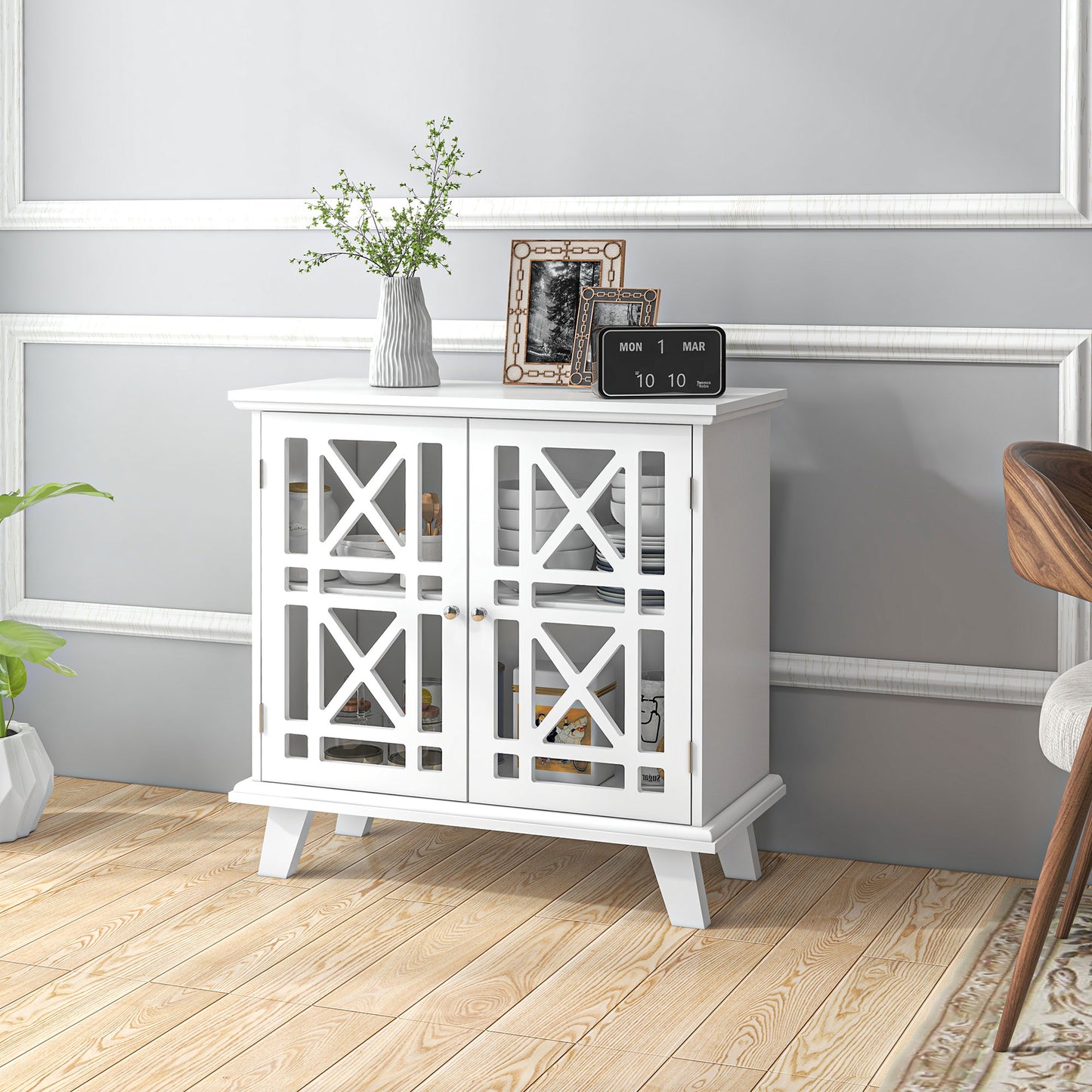 HOMCOM Storage Cabinet with Fretwork Doors and Shelf, Modern Freestanding Sideboard, Buffet, White
