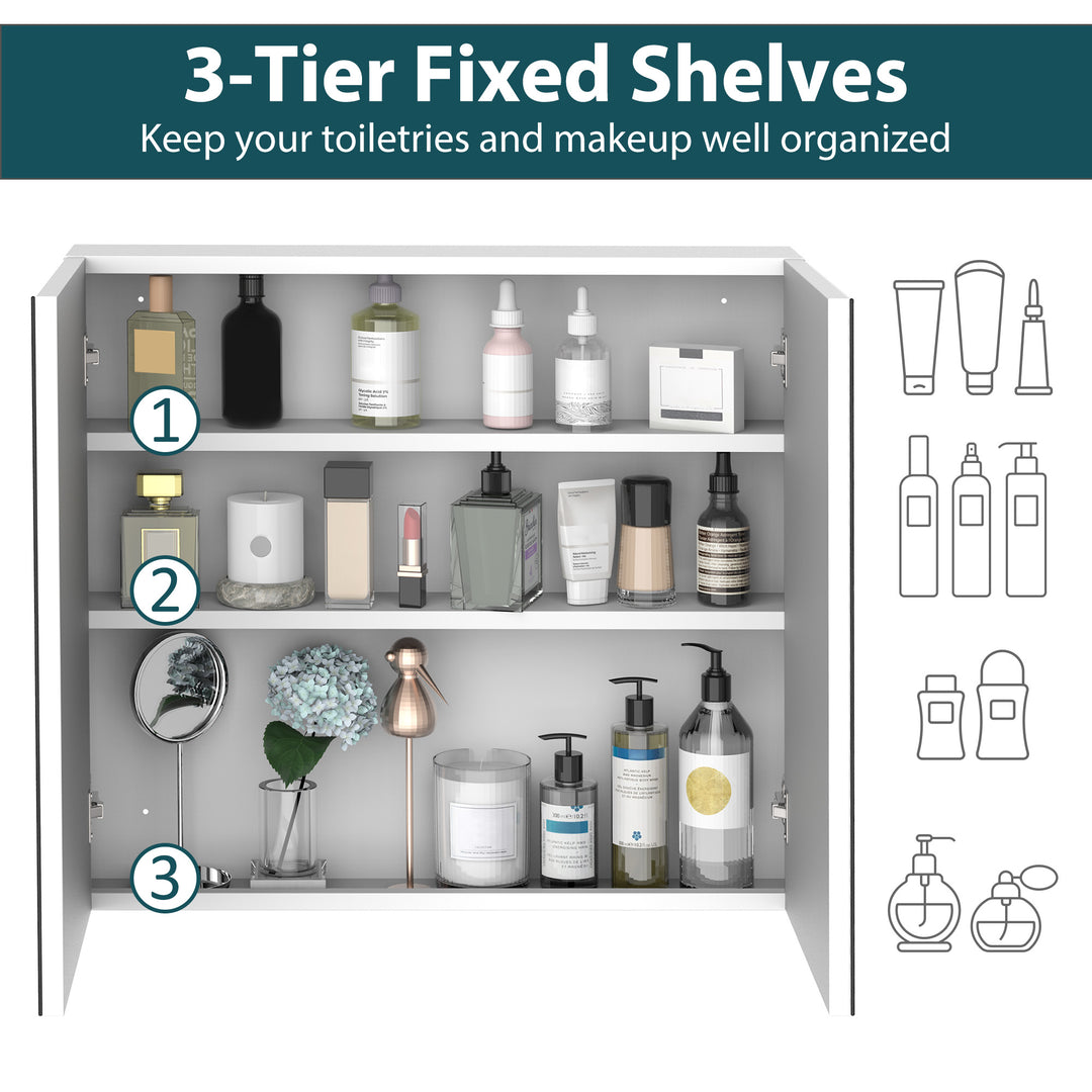 kleankin Wall Mounted Mirror Cabinet, Bathroom Medicine Cabinet with Mirror, 2 Doors and 3-tier Shelving, White