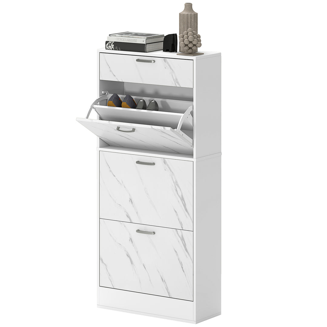 HOMCOM 3 Flip Drawer Shoe Cabinet, Marble-Effect Narrow Shoe Storage Cabinet with Top Drawer and Adjustable Shelves, White