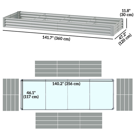 Outsunny 12 x 4 x 1ft Galvanized Raised Garden Bed, Reinforced Outdoor Planter Box with Open Bottom, Silver