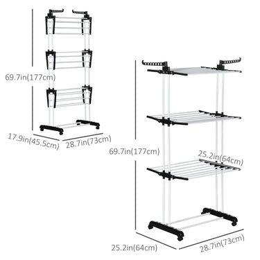 HOMCOM Foldable Clothes Drying Rack, 4-Tier Steel Laundry Rack for Drying Clothes with 2 Side Wings and 4 Castors, Indoor and Outdoor Use, Black