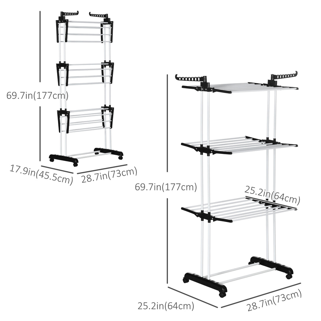 HOMCOM Foldable Clothes Drying Rack, 4-Tier Steel Laundry Rack for Drying Clothes with 2 Side Wings and 4 Castors, Indoor and Outdoor Use, Black