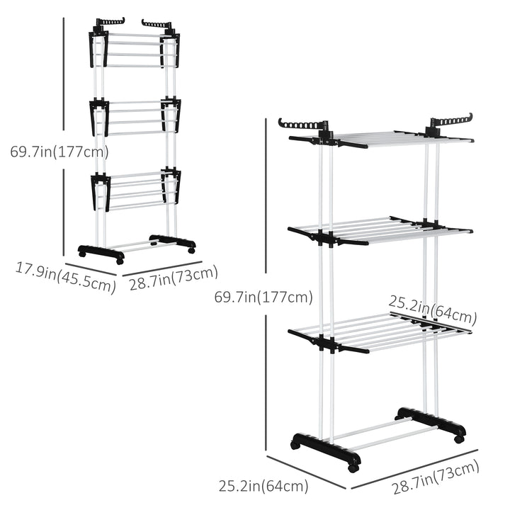 HOMCOM Foldable Clothes Drying Rack, 4-Tier Steel Laundry Rack for Drying Clothes with 2 Side Wings and 4 Castors, Indoor and Outdoor Use, Black