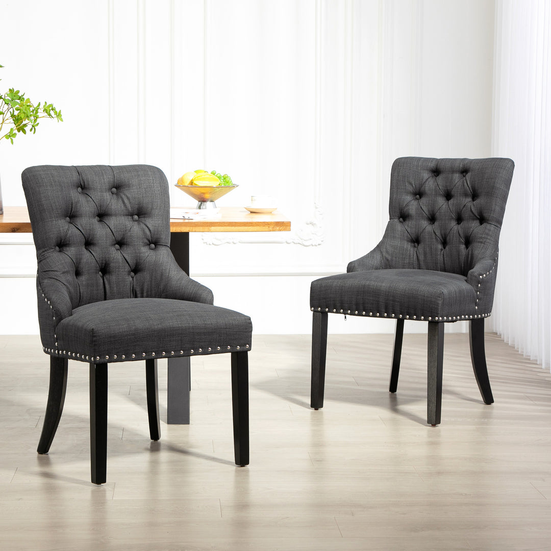 HOMCOM Swoop Air Linen Fabric Dining Chair Set of 2 with Nailhead Trim and Wood Legs, Dark Grey