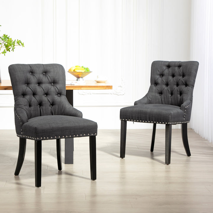 HOMCOM Swoop Air Linen Fabric Dining Chair Set of 2 with Nailhead Trim and Wood Legs, Dark Grey