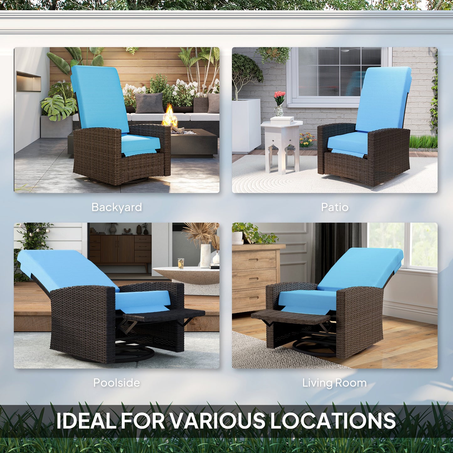 Outsunny Outdoor Rattan Wicker Lounge Chair with Footrest & Soft Cushion for Patio, Garden, Backyard, Sky Blue