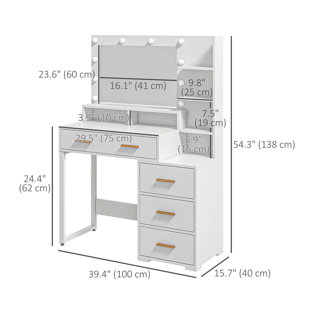 HOMCOM Illuminated Dresssing Table, LED Vanity Table with Mirror, Drawer and Storage Shelves for Bedroom, White