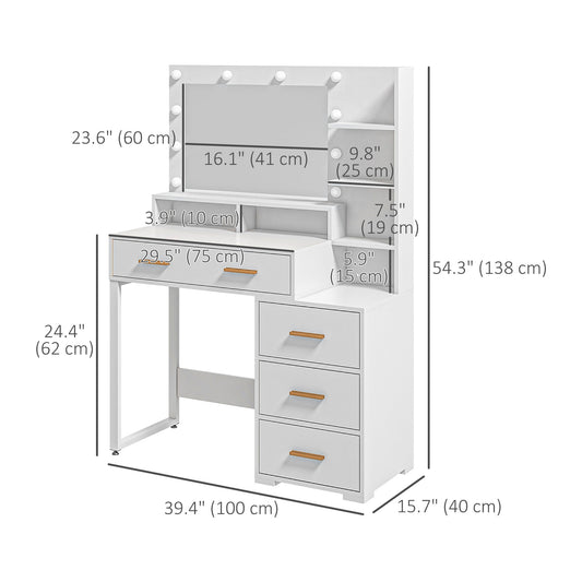 HOMCOM Illuminated Dresssing Table, LED Vanity Table with Mirror, Drawer and Storage Shelves for Bedroom, White