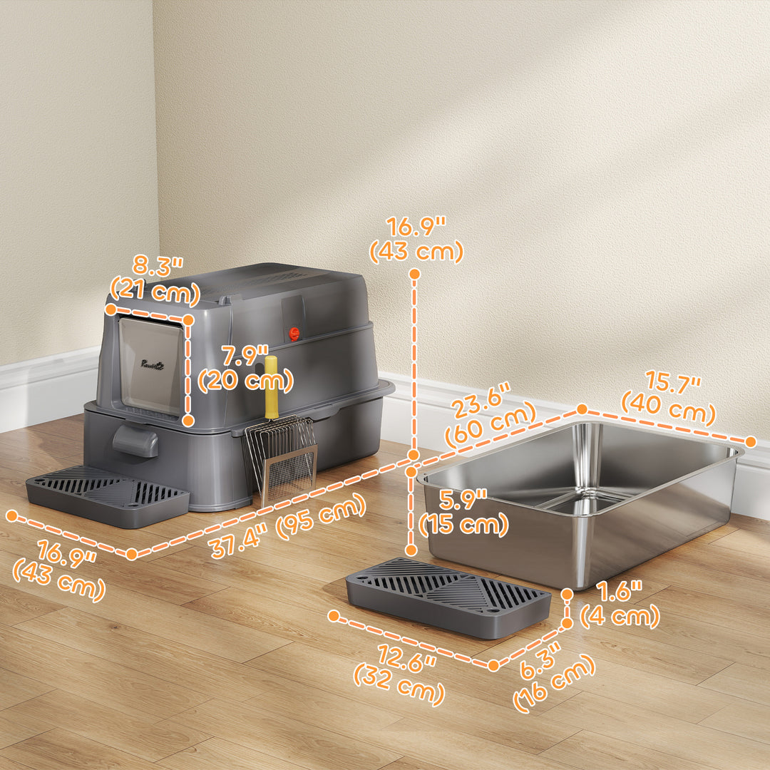 PawHut 80L XL Stainless Steel Cat Litter Box for Big Cats with Flip Cover, Pull-Out Drawer Tray, High Sided, Pedal, Light Grey