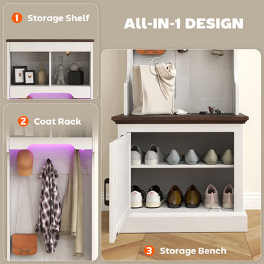 HOMCOM 3-in-1 Hall Tree with LED Lights and Bench, Coat Rack with Shoe Storage, White Wood Grain with Light