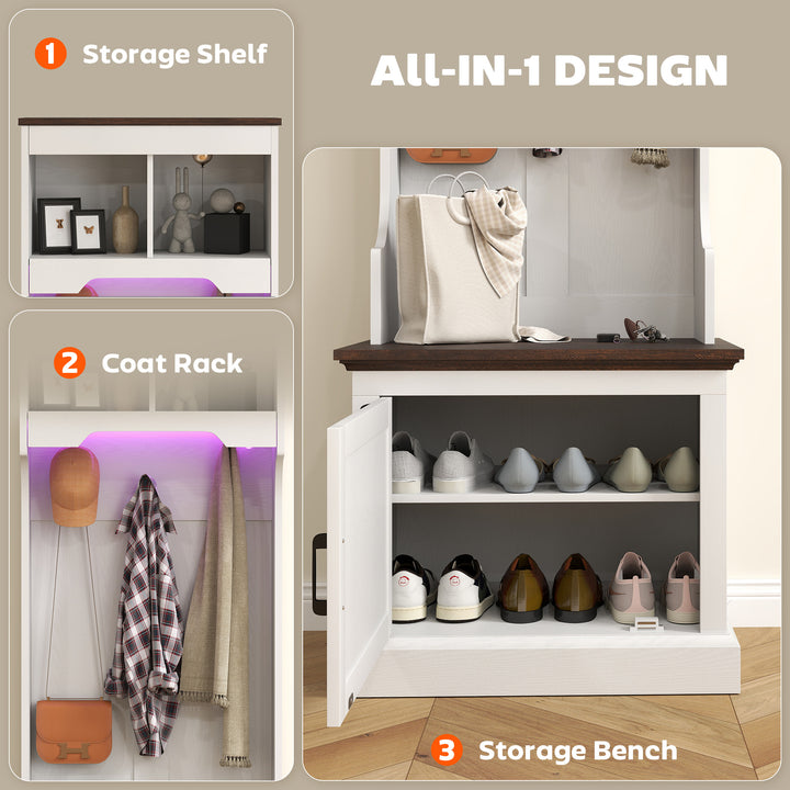 HOMCOM 3-in-1 Hall Tree with LED Lights and Bench, Coat Rack with Shoe Storage, White Wood Grain with Light