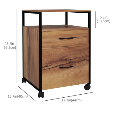 Vinsetto Vertical Filing Cabinet with Wheels, 26.2" Tall File Cabinet with 2 Drawers, Open Shelf, Hanging Bars for Letter and A4 Size, Industrial Printer Stand, Rustic Brown