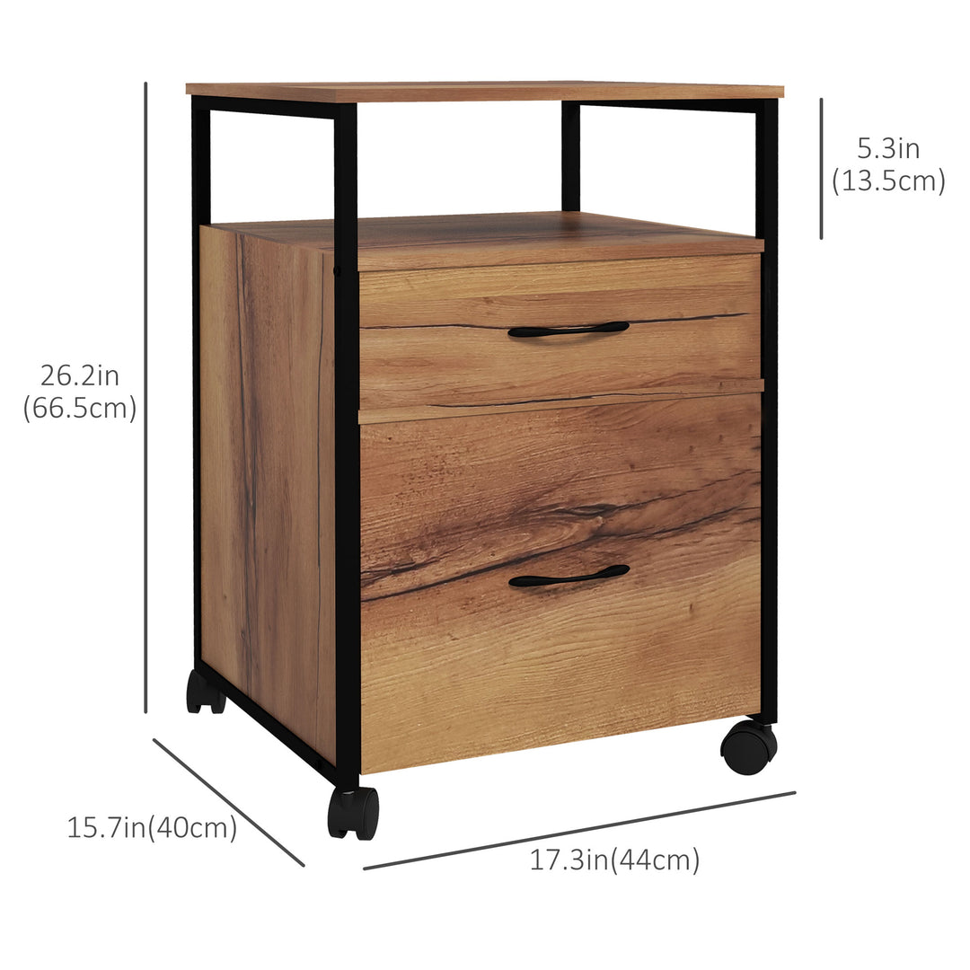 Vinsetto Vertical Filing Cabinet with Wheels, 26.2" Tall File Cabinet with 2 Drawers, Open Shelf, Hanging Bars for Letter and A4 Size, Industrial Printer Stand, Rustic Brown