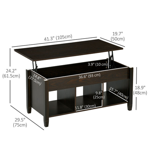 HOMCOM Lift Top Coffee Table with Hidden Storage Compartment and 3 Lower Shelves, Pop-Up Center Table for Living Room, Espresso