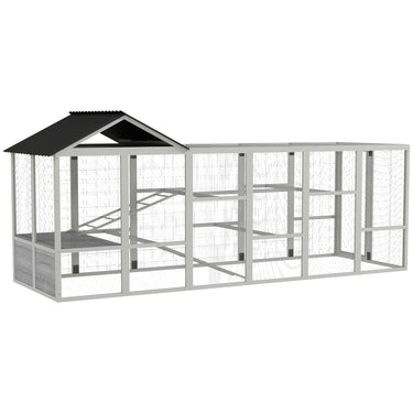 PawHut 142" Outdoor Wooden Chicken Coop with Run, Ramps, Perches, Storage, Combinable Design for 6 - 10 Chickens, Grey