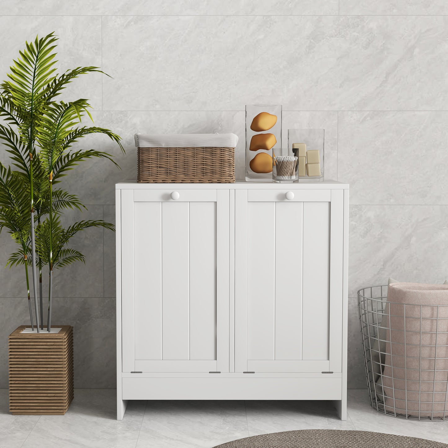 kleankin Tilt-Out Laundry Storage Cabinet, Modern Laundry Hamper with 2 Compartments for Bathroom Washroom, White