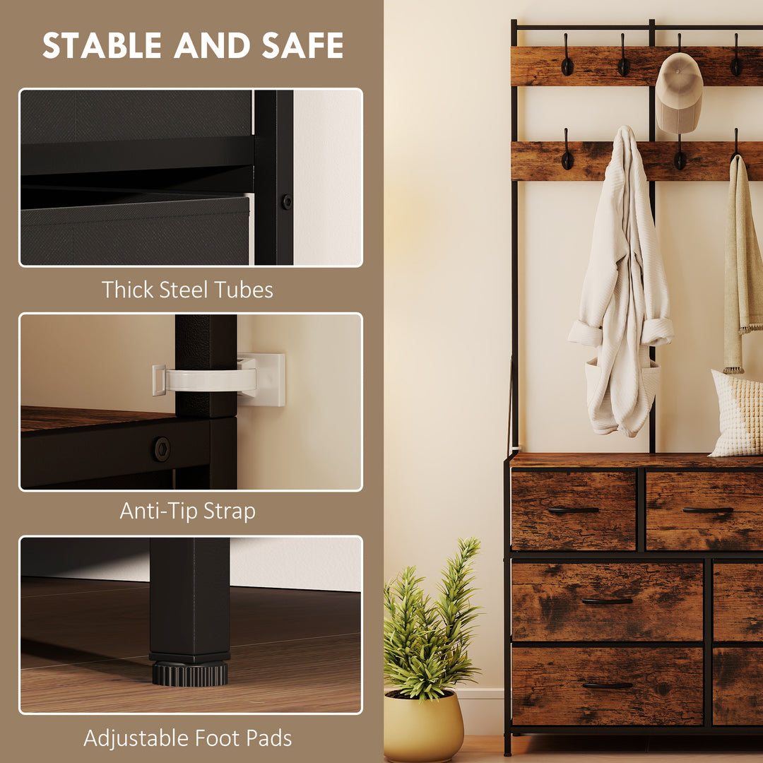 HOMCOM 4-In-1 Coat Rack with 7 Drawer Fabric Dresser, Hall Tree with 14 Hooks for Hallway, Entryway, Bedroom, Rustic Brown