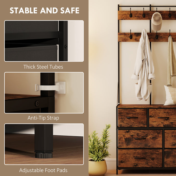 HOMCOM 4-In-1 Coat Rack with 7 Drawer Fabric Dresser, Hall Tree with 14 Hooks for Hallway, Entryway, Bedroom, Rustic Brown