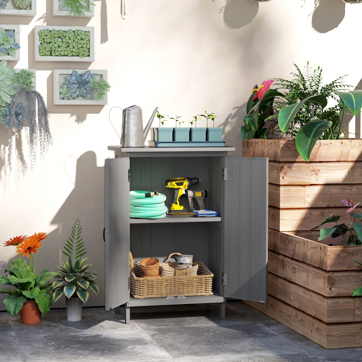 Outsunny Outdoor Storage Cabinet, Wooden Garden Storage Shed with 2-Tier Shelves, Metal Tabletop and Magnetic Doors, Grey