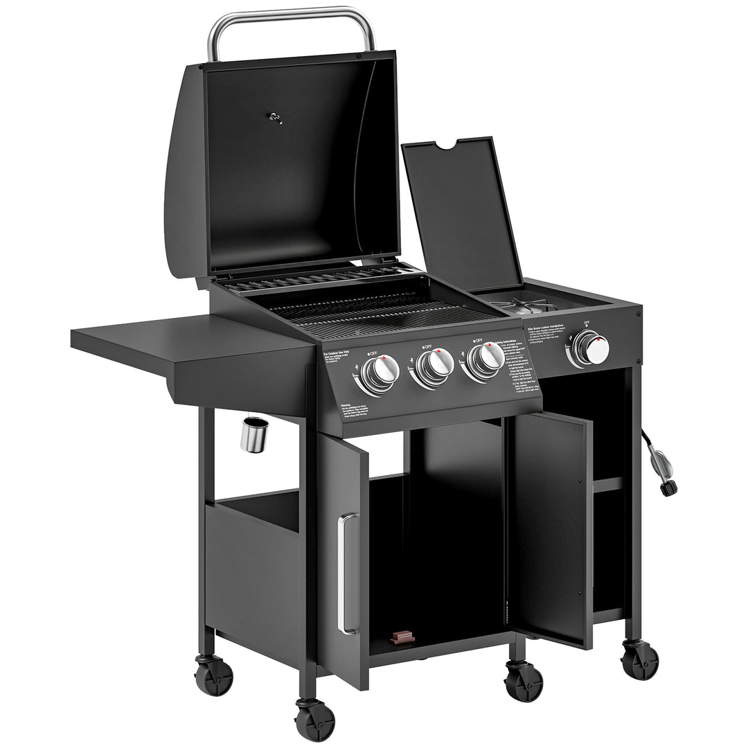 Outsunny 3 Burner Gas Grill with Side Burner, 9.5 KW Propane BBQ Grill, Cabinet Style with Shelves, Wheels, Instant Ignition