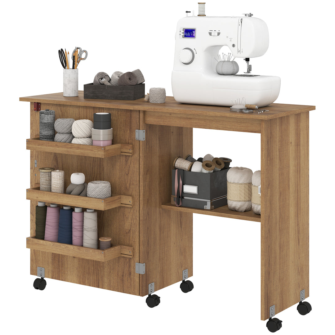 HOMCOM Sewing Machine Cabinet, Folding Sewing Table with Storage Shelf, Bins and Lockable Wheels for Small Space, White