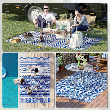 Outsunny Reversible Outdoor Rug, Patio Floor Mat, 6' x 9' Plastic Rug for Backyard, Deck, Beach, Camping, Dark Blue and White