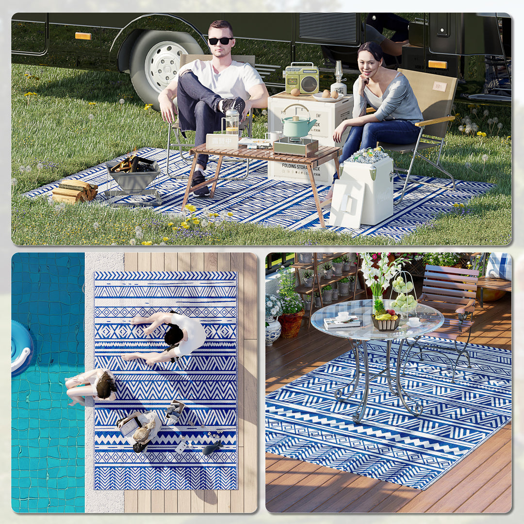 Outsunny Reversible Outdoor Rug, Patio Floor Mat, 6' x 9' Plastic Rug for Backyard, Deck, Beach, Camping, Dark Blue and White